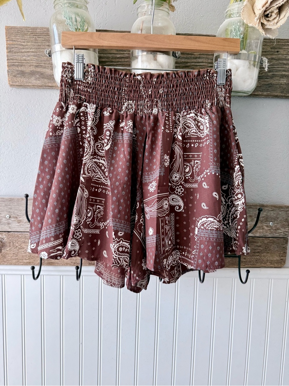 BUCKETLIST Bandana Print Smocked Waist Shorts - Brown & White